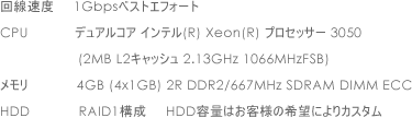 ������x�@1Gbps�x�X�g�G�t�H�[�g�@CPU �f���A���R�A �C���e��(R) Xeon(R) �v���Z�b�T�[ 3050 (2MB L2�L���b�V�� 2.13GHz 1066MHzFSB)   ������ 4GB (4x1GB) 2R DDR2/667MHz SDRAM DIMM ECC   HDD RAID1�\�� HDD�e�ʂ͂��q�l�̊�]�ɂ��J�X�^��